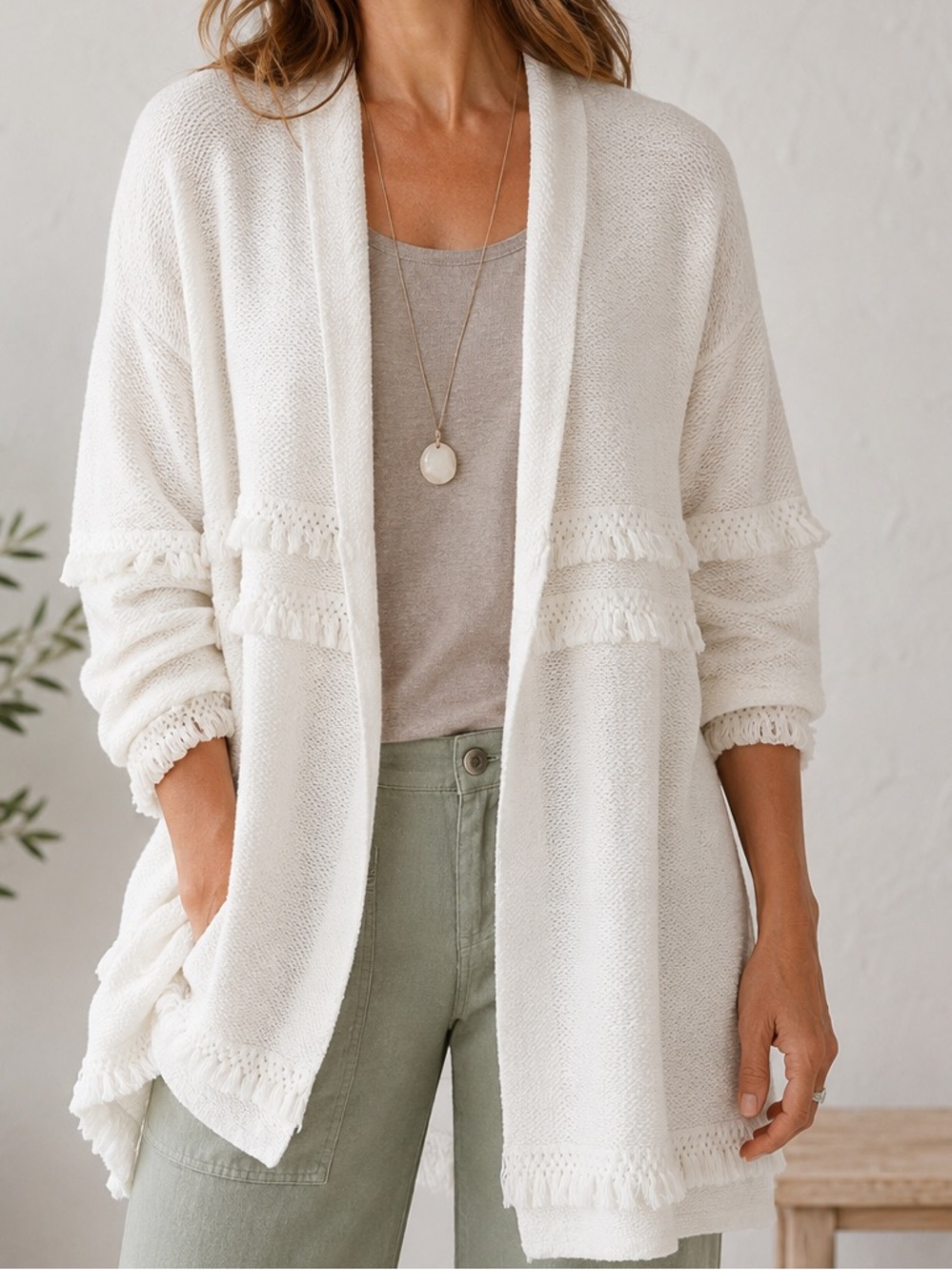 J.Jill Ivory Fringe Trim Open Front Cardigan Sweater Boho Coastal Cozy - Picture 1 of 14